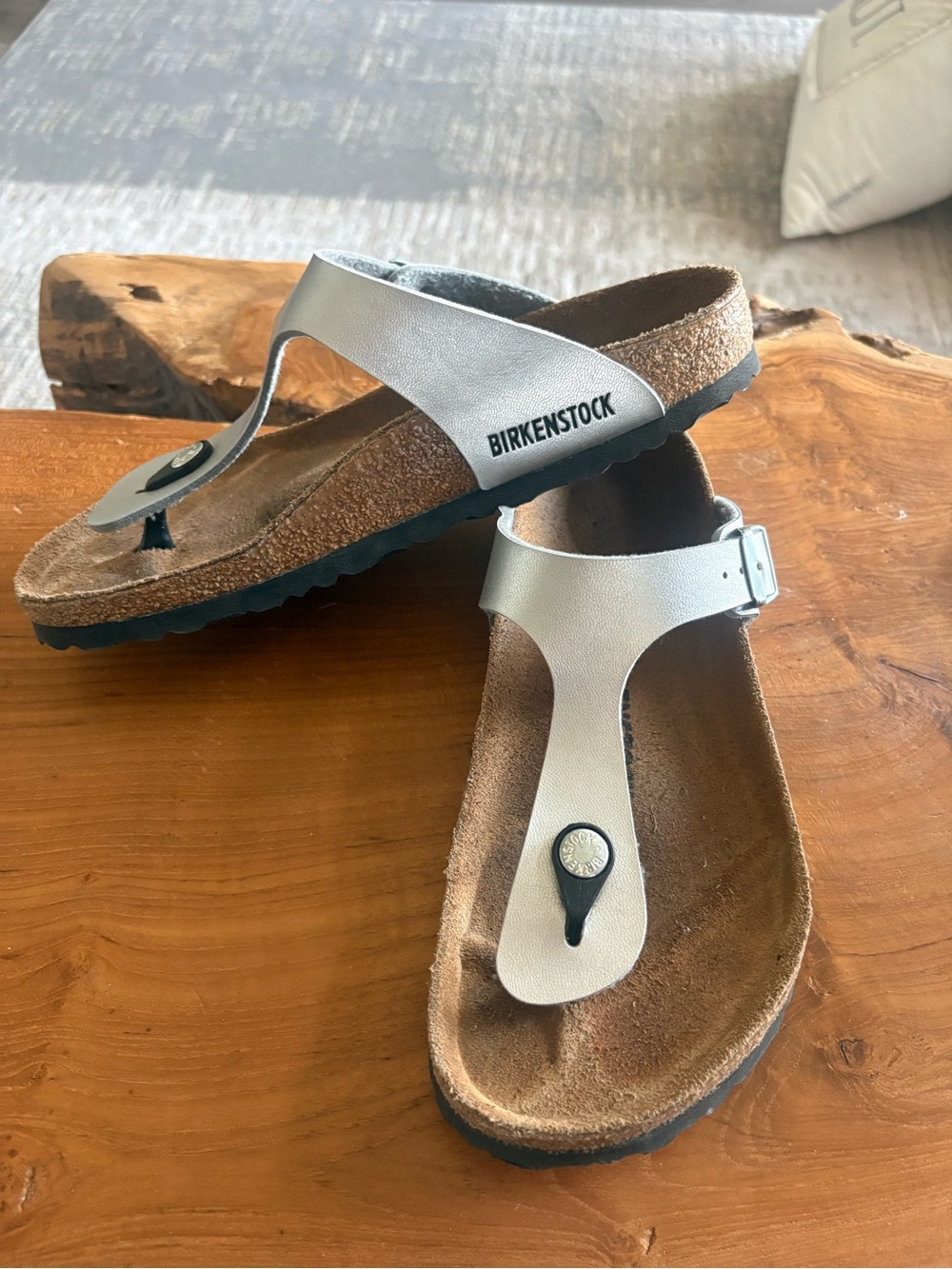 Birkenstock Silver Gizeh Sandals with Black Details